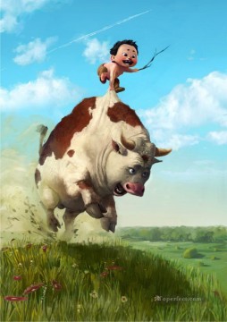  Riendo Pintura - corriendo vaca y niño